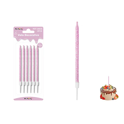 Velas rectas con brillo rosado 10.5cm 6pcs