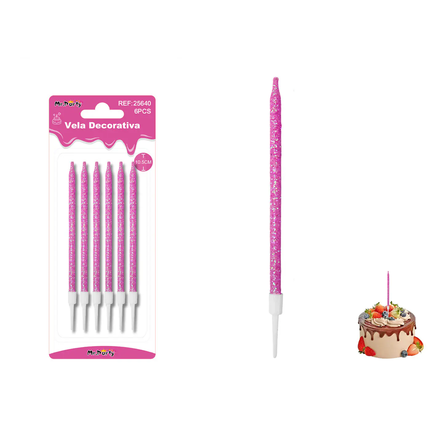 Velas rectas con brillo fucsia 10.5cm 6pcs 1