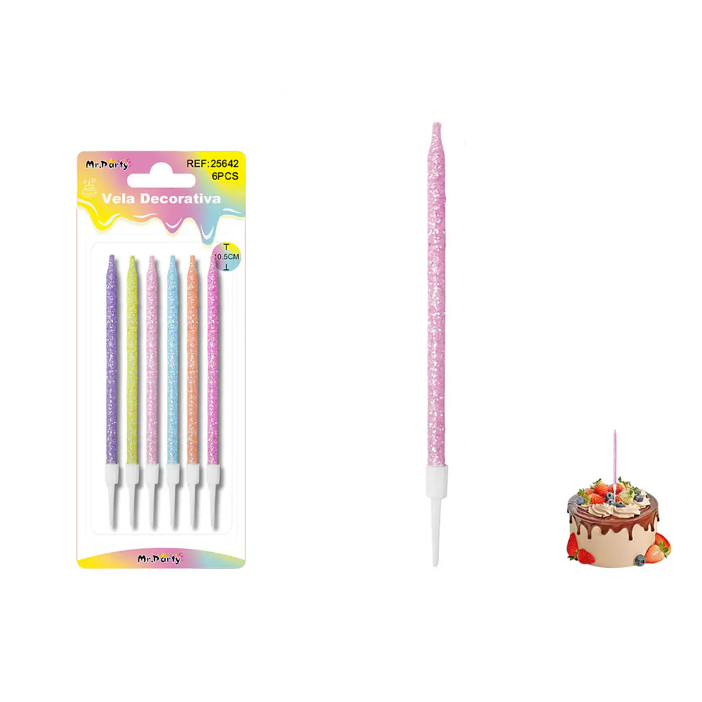 Velas rectas con brillo surtidas 10.5cm 6pcs