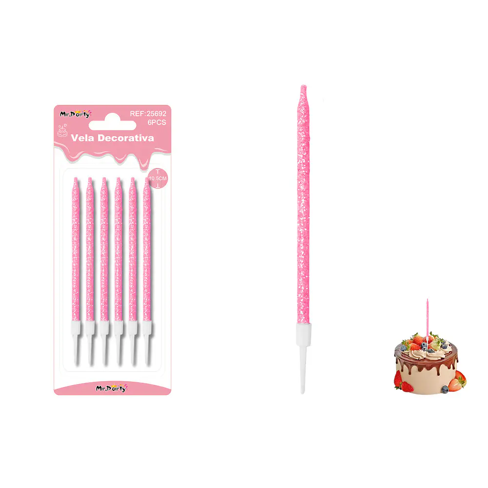 Velas rectas con brillo rosado oscuro 10.5cm 6pcs