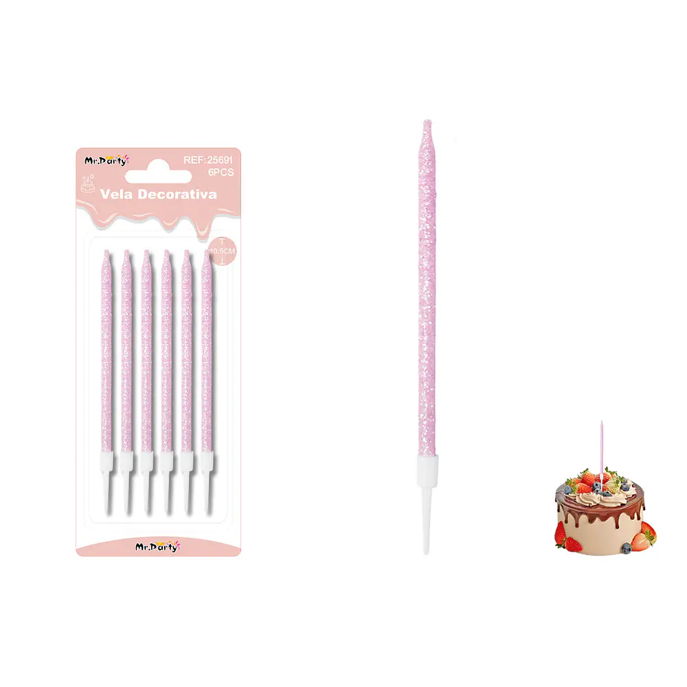 Velas rectas con brillo rosado 10.5cm 6pcs