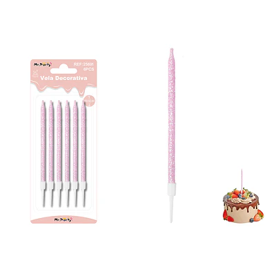 Velas rectas con brillo rosado 10.5cm 6pcs
