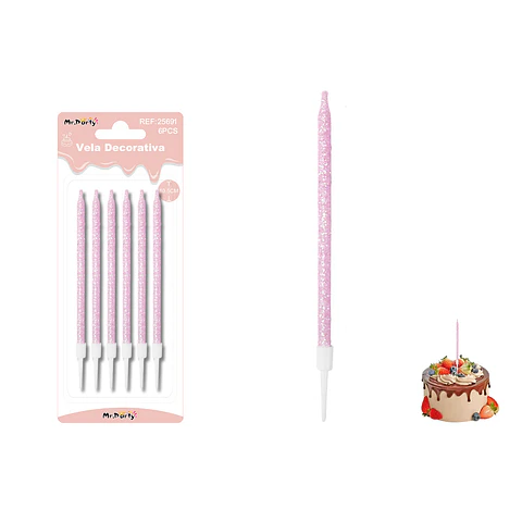Velas rectas con brillo rosado 10.5cm 6pcs