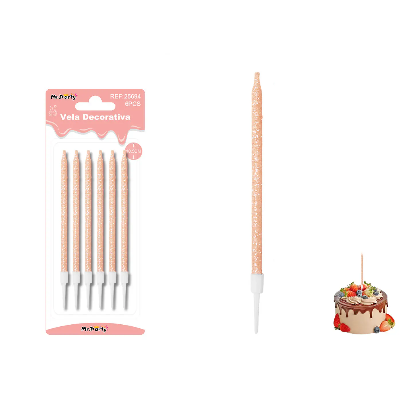 Velas rectas con brillo naranjo 10.5cm 6pcs 1