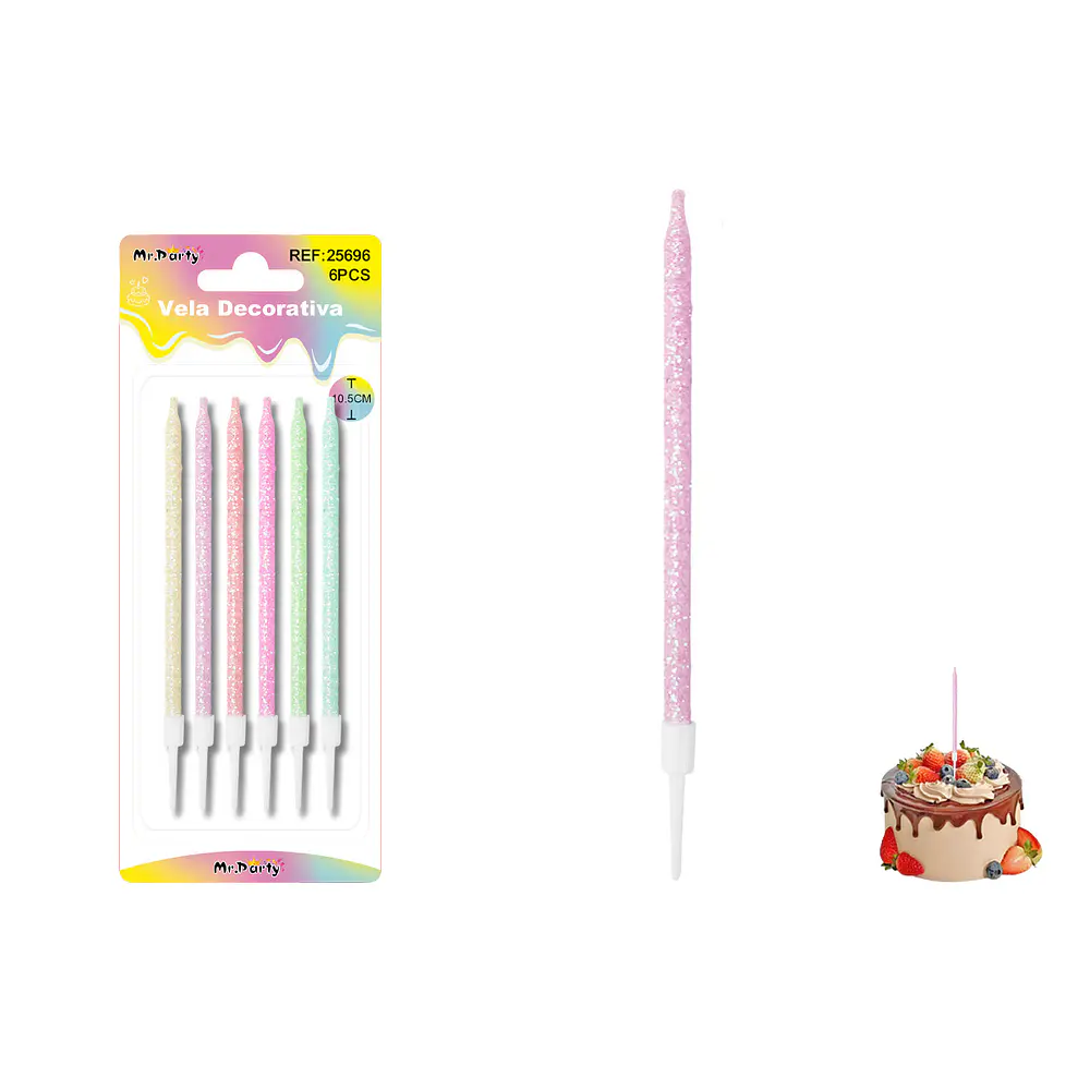 Velas rectas con brillo surtidas 10.5cm 6pcs