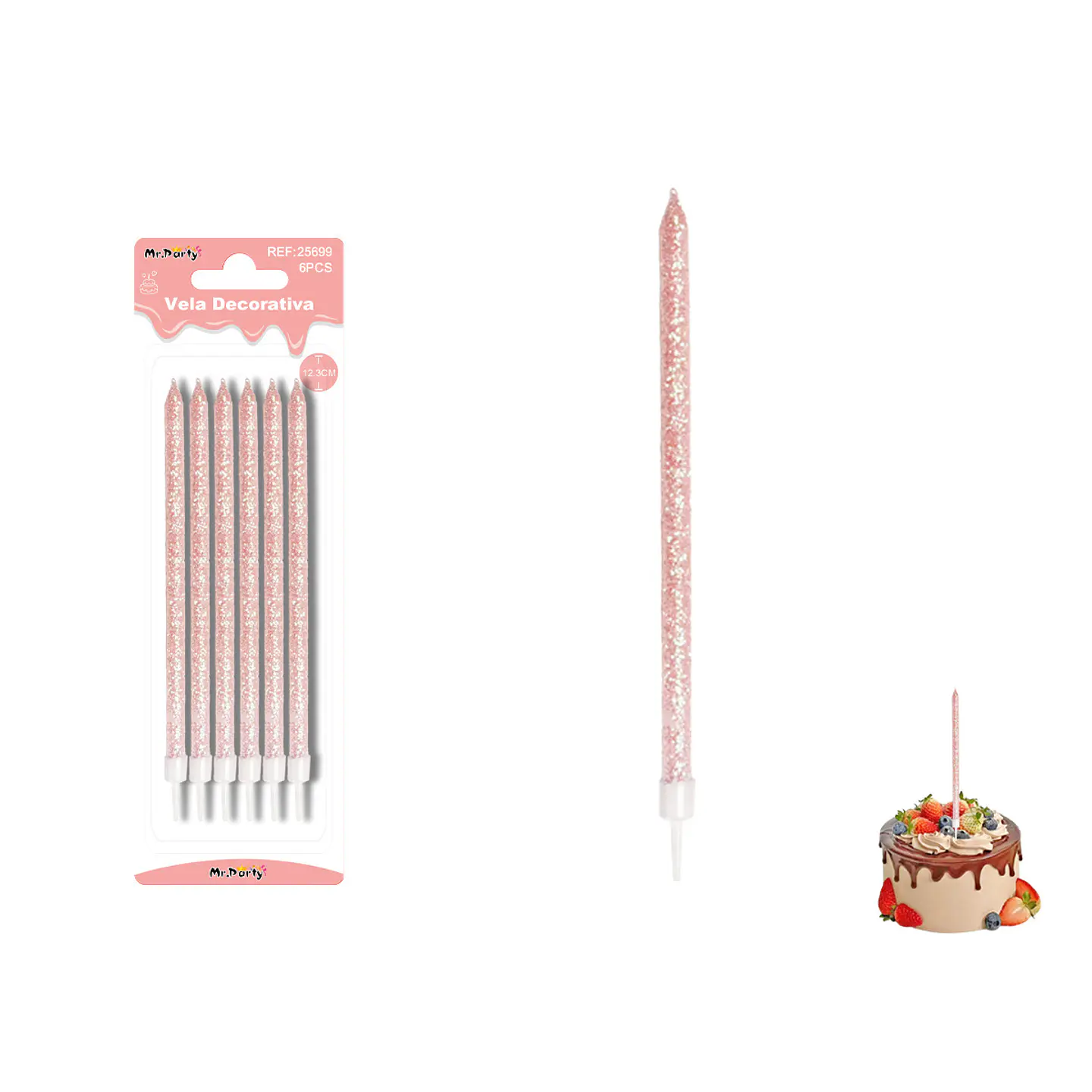 Velas largas rectas con brillo rosado sandía 20cm 6pcs 1