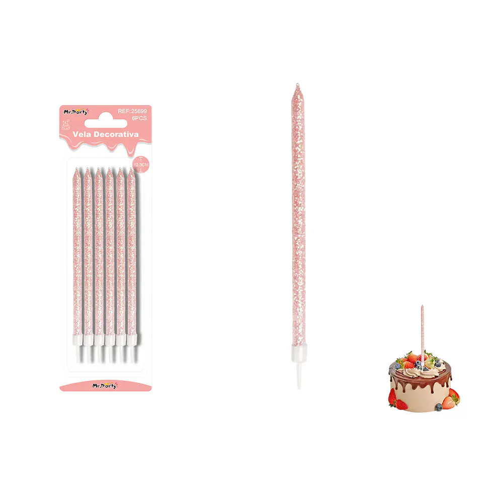 Velas largas rectas con brillo rosado sandía 20cm 6pcs 1