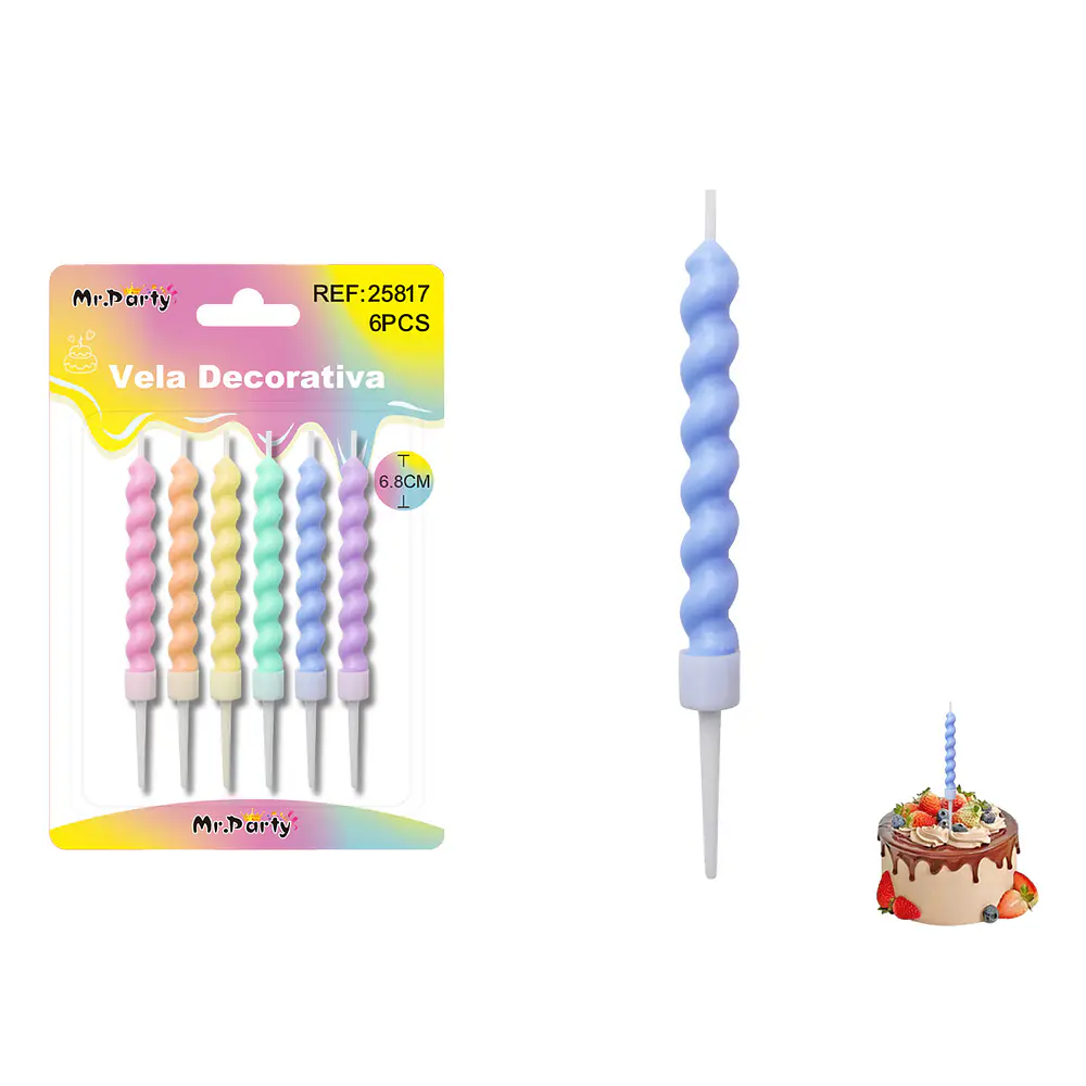 Velas espiraladas estilo macaron surtidas 6.8cm 6pcs