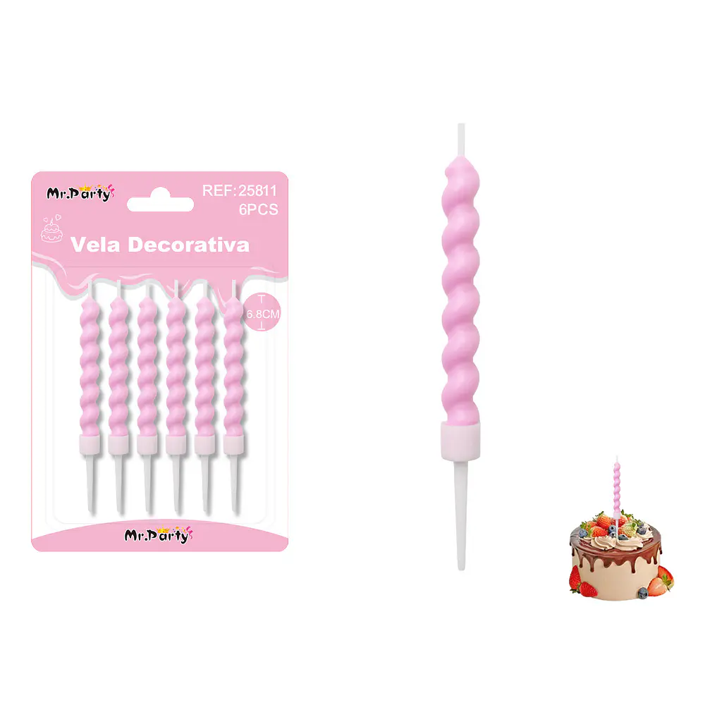 Velas espiraladas estilo macaron rosadas 6.8cm 6pcs