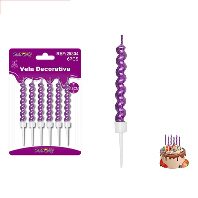 Velas espiraladas metálicas moradas 6.8cm 6pcs