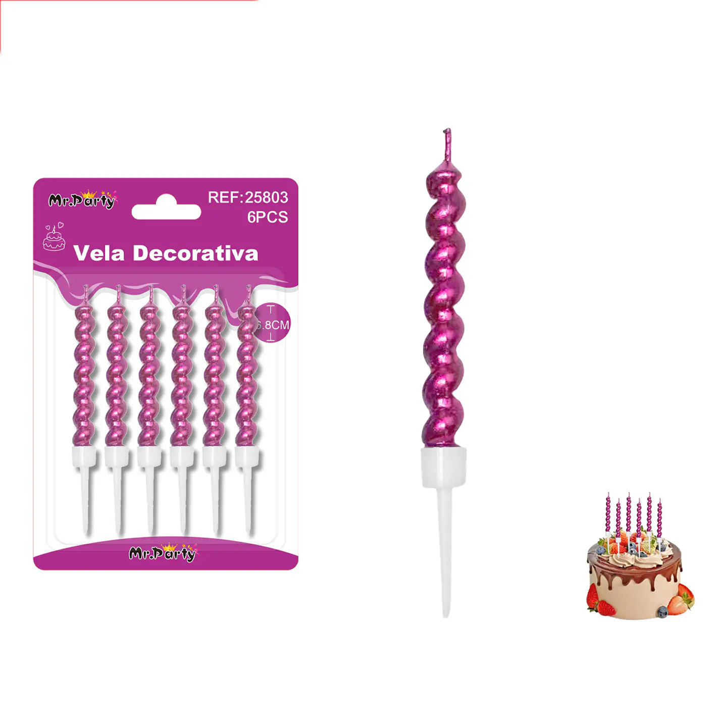 Velas espiraladas metálicas fucsia 6.8cm 6pcs 1