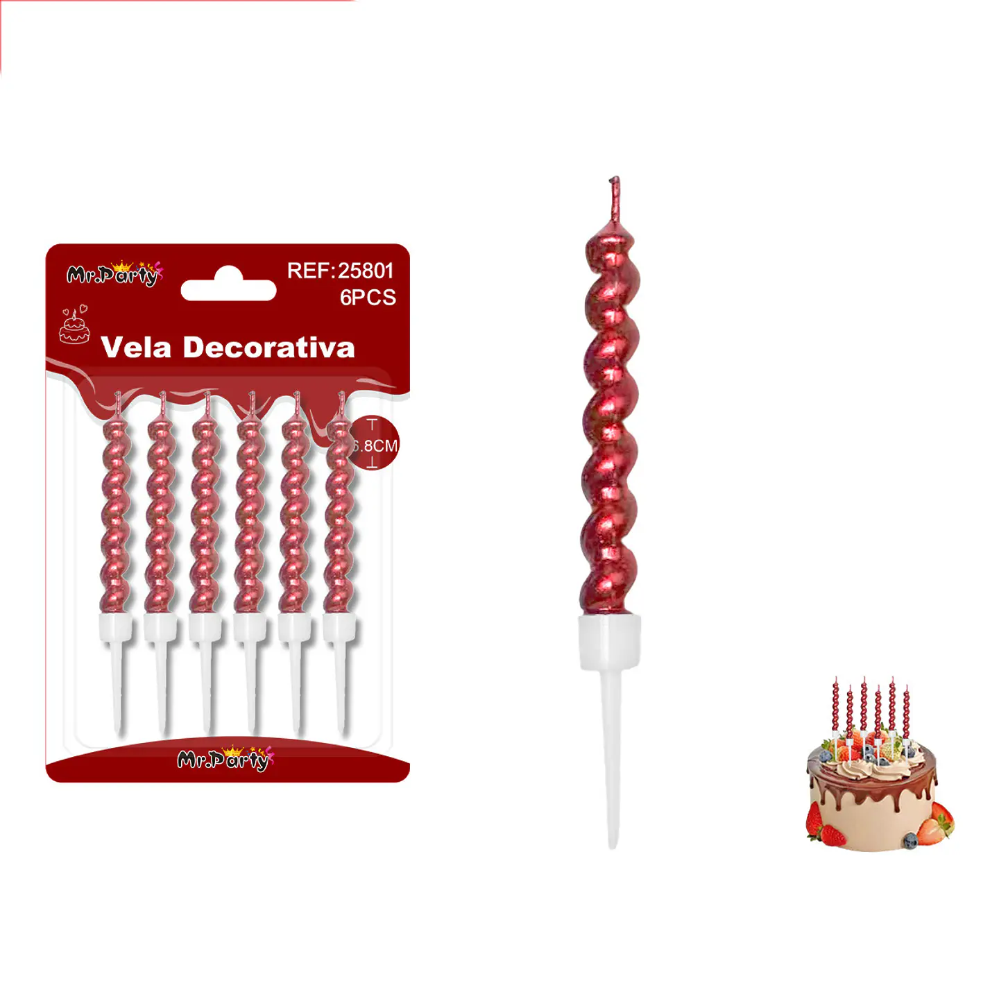 Velas espiraladas metálicas rojo intenso 6.8cm 6pcs 1
