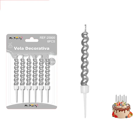Velas espiraladas metálicas plateadas 6.8cm 6pcs
