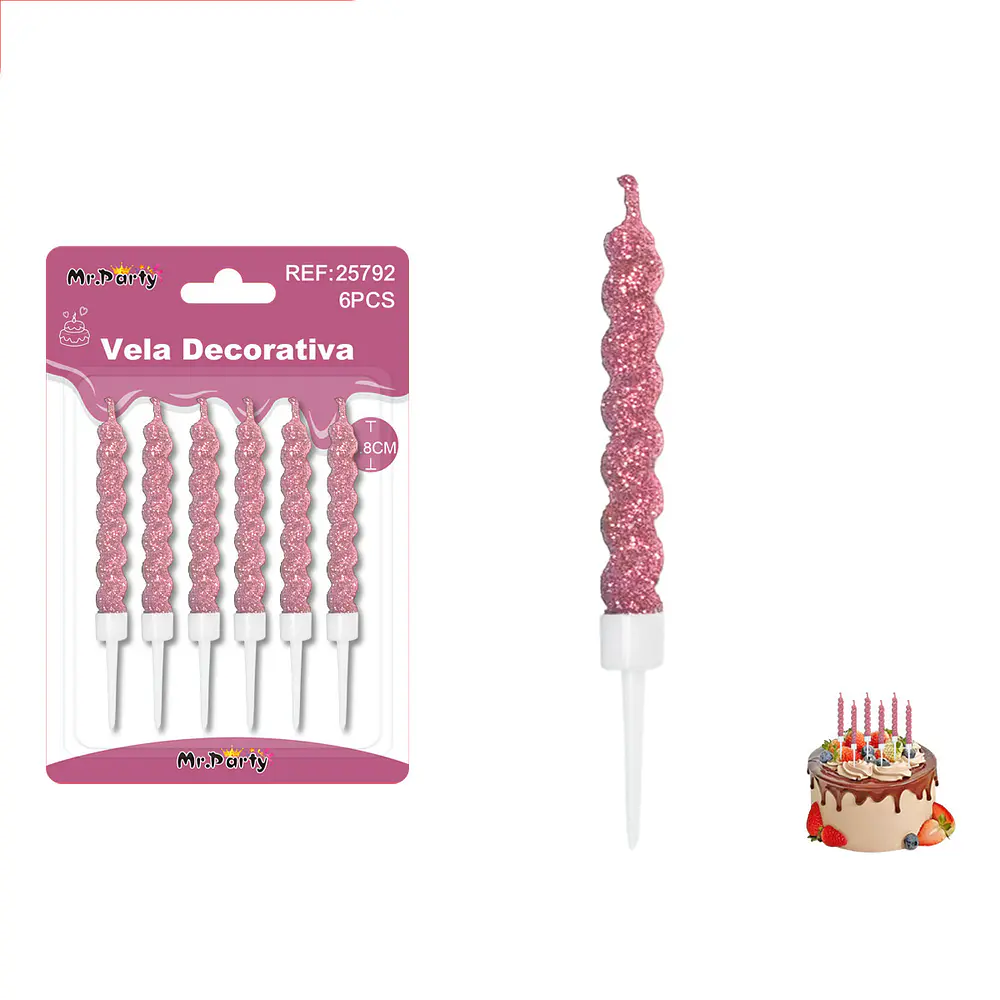 Velas espiraladas con brillo rosadas 6.8cm 6pcs