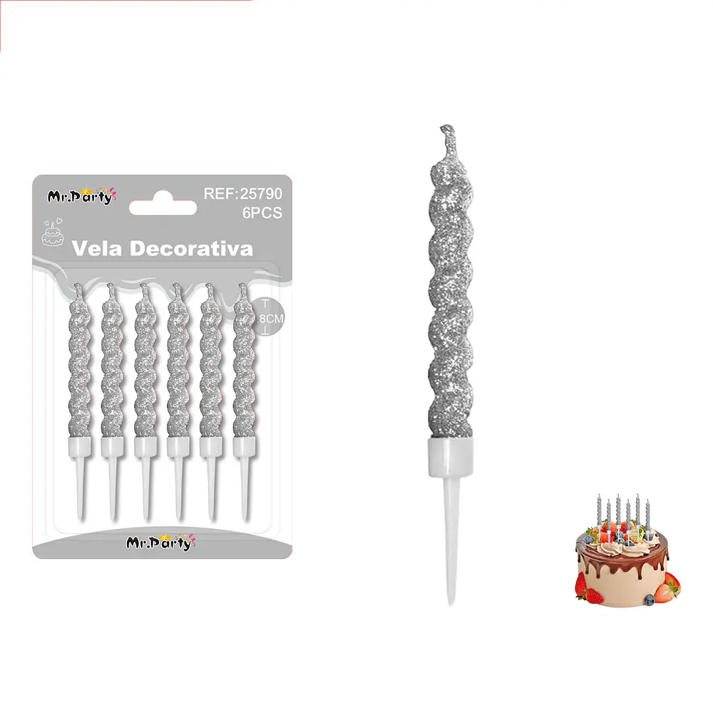Velas espiraladas con brillo plateadas 6.8cm 6pcs