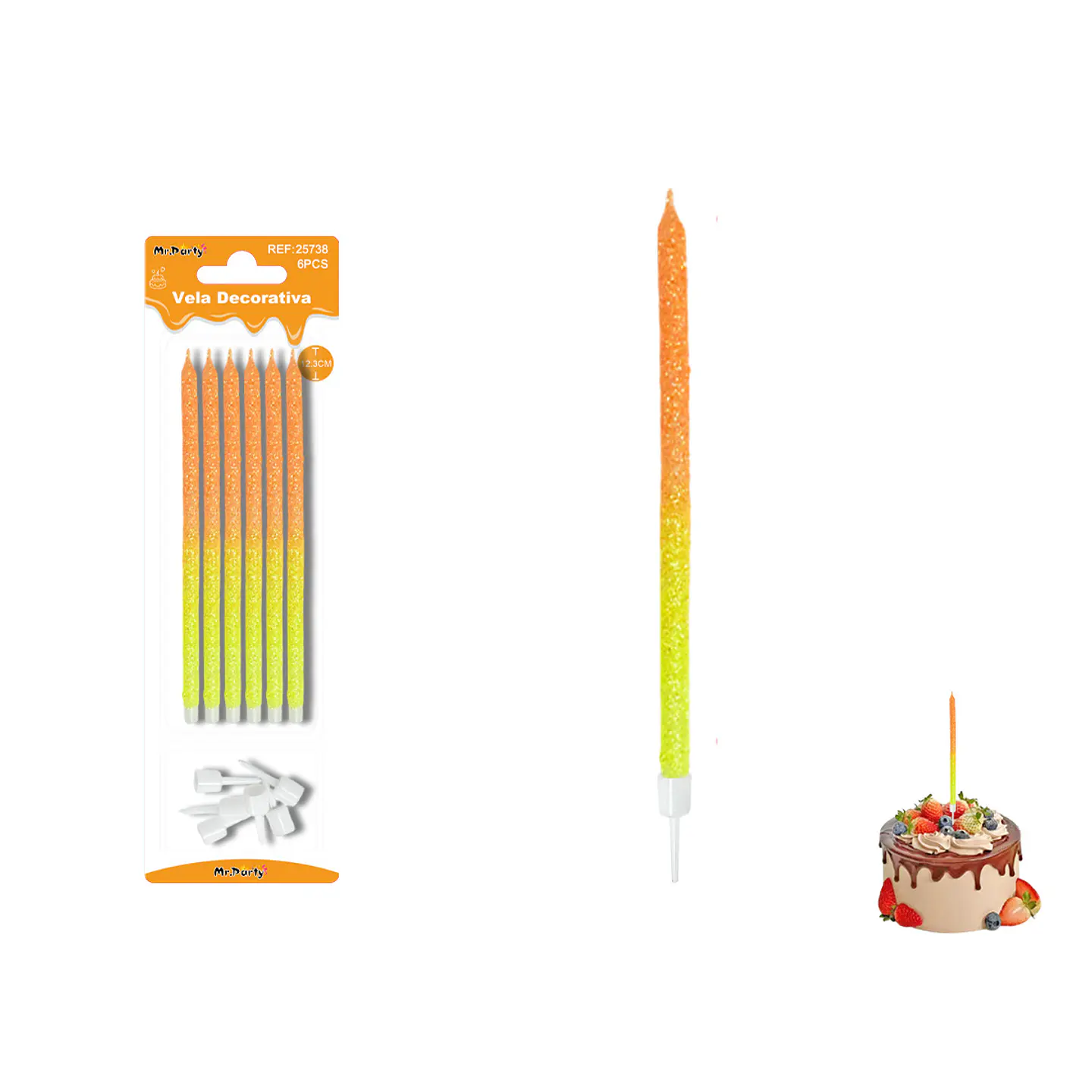 Velas rectas con brillo bicolor naranjo/amarillo 12.3cm 6pcs 1