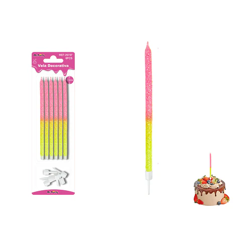 Velas rectas con brillo bicolor rosado/amarillo 12.3cm 6pcs