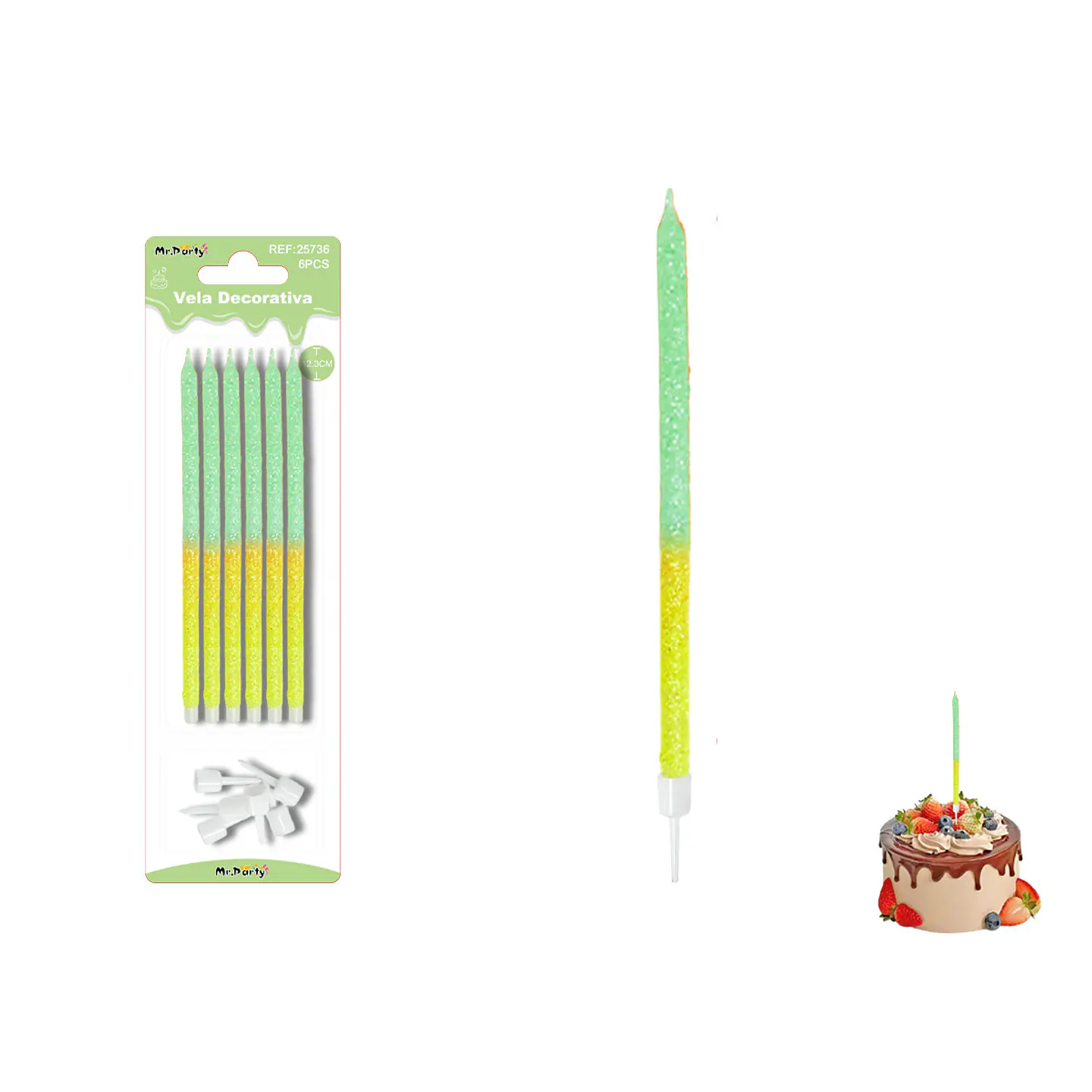 Velas rectas con brillo bicolor verde/amarillo 12.3cm 6pcs 1