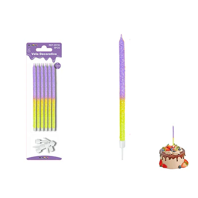 Velas rectas con brillo bicolor amarillo/morado 12.3cm 6pcs