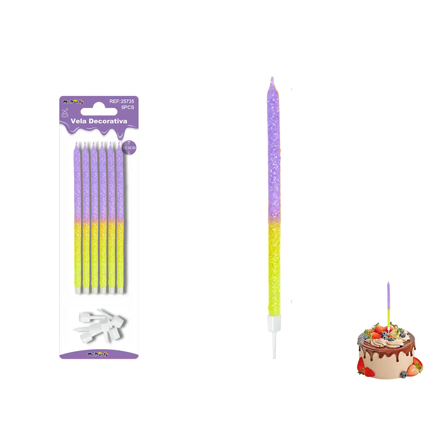 Velas rectas con brillo bicolor amarillo/morado 12.3cm 6pcs 1