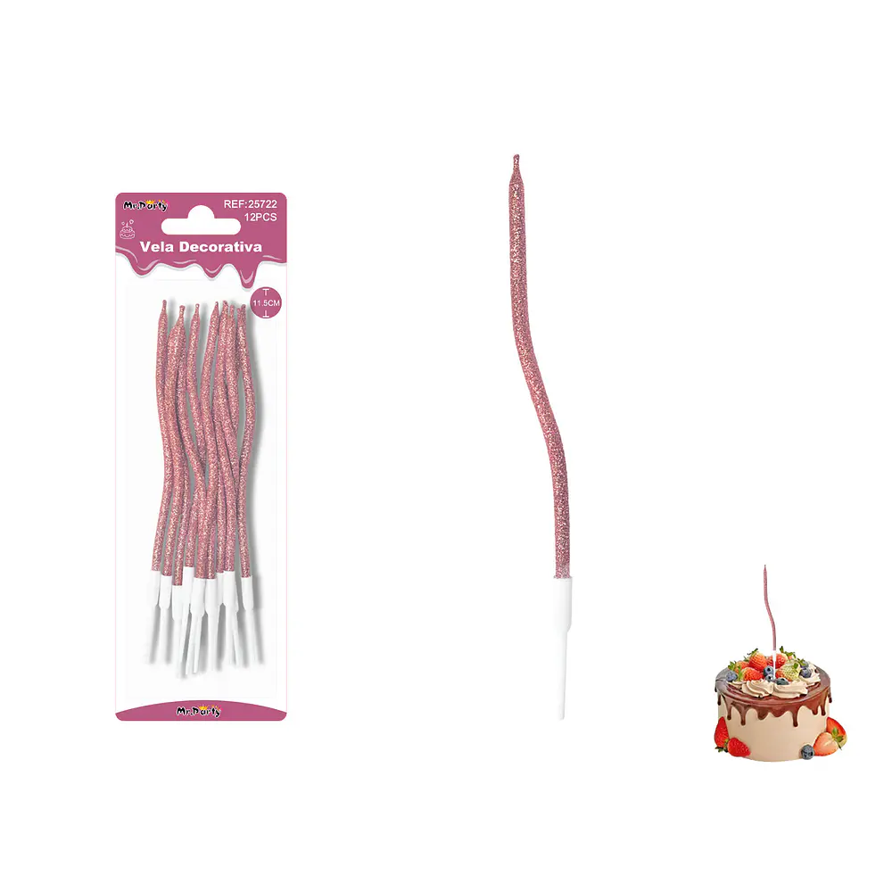 Velas curvas con brillo rosadas 11.5cm 12pcs