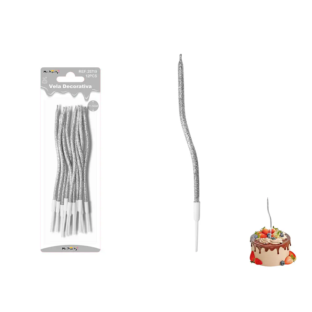 Velas curvas con brillo plateadas 11.5cm 12pcs