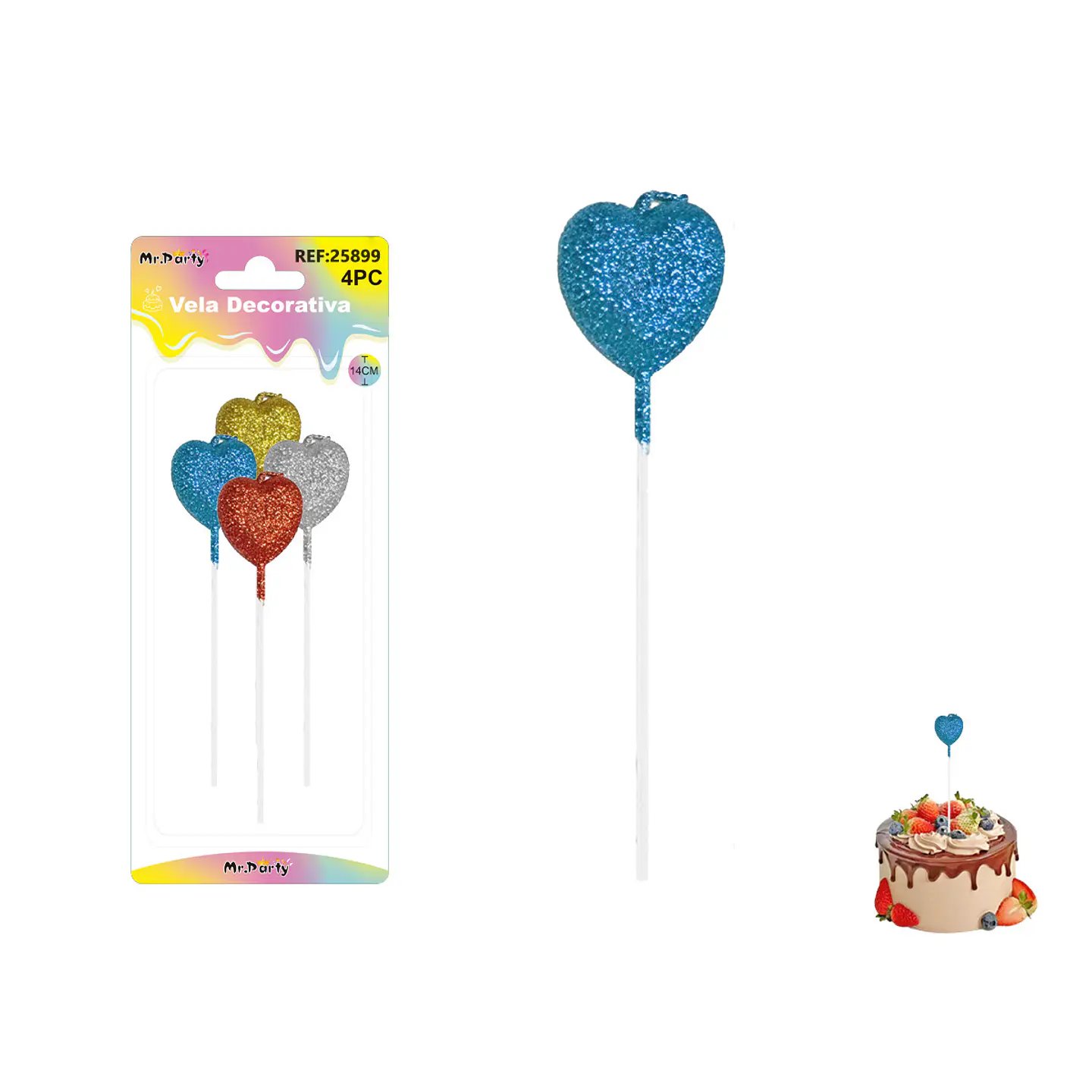 Velas largas con brillo forma corazón surtidas 14cm 4pcs 1