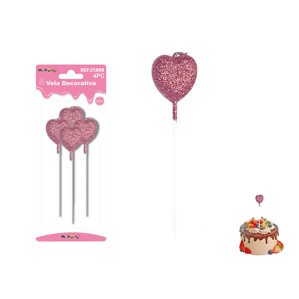 Velas largas con brillo forma corazón rosado claro 14cm 4pcs