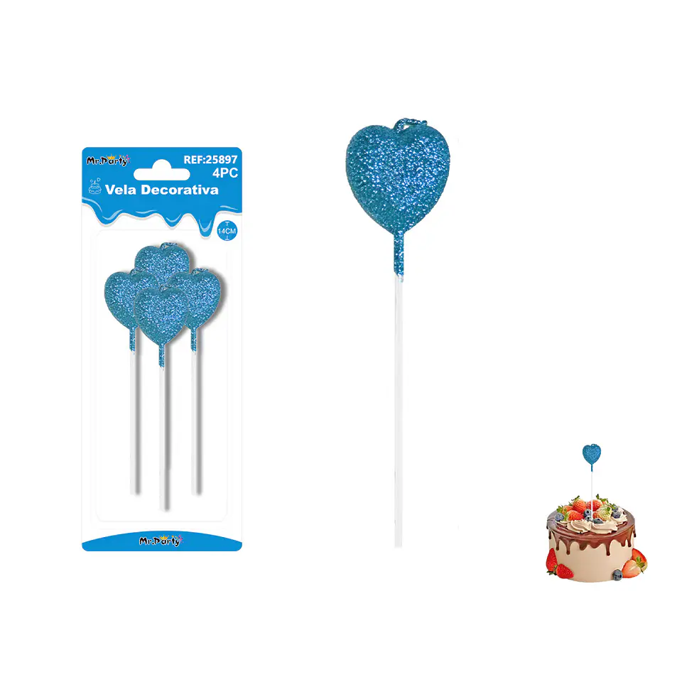 Velas largas con brillo forma corazón azul rey 14cm 4pcs 1