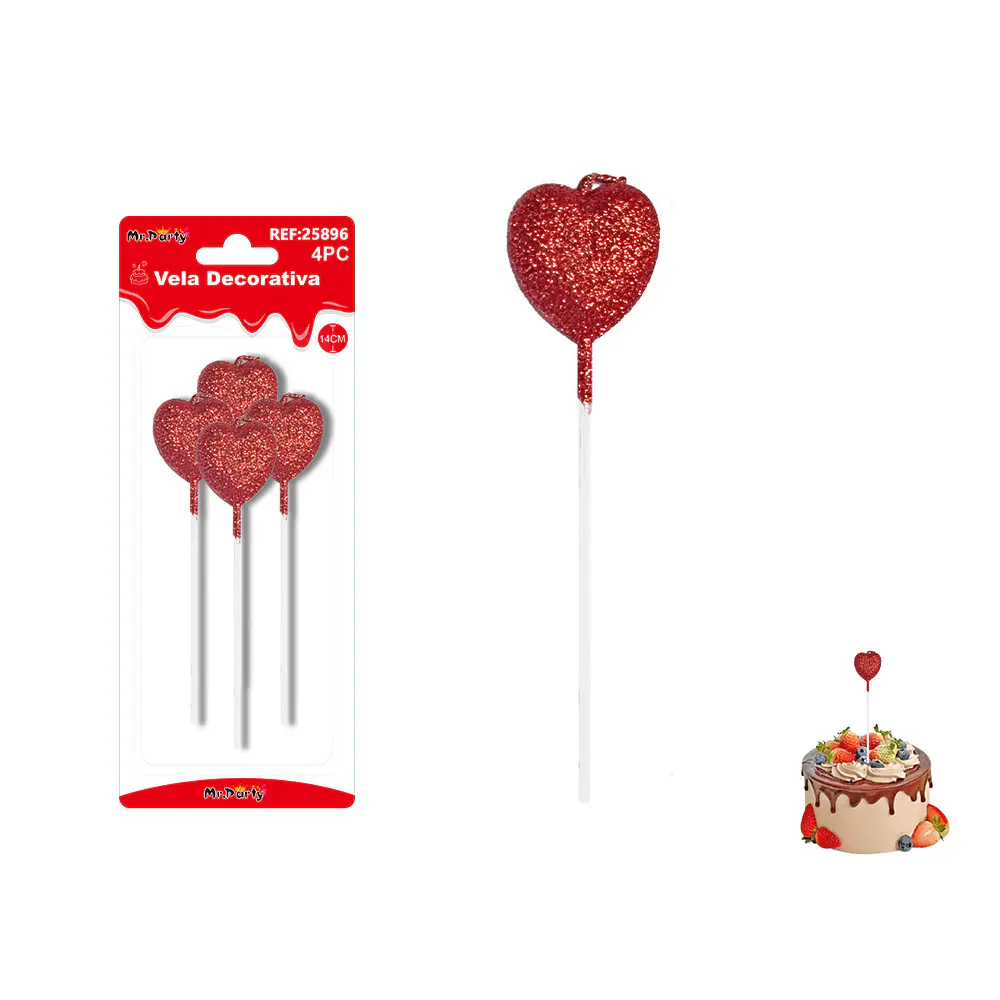 Velas largas con brillo forma corazón rojo intenso 14cm 4pcs