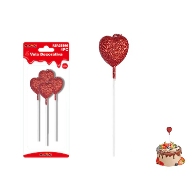 Velas largas con brillo forma corazón rojo intenso 14cm 4pcs