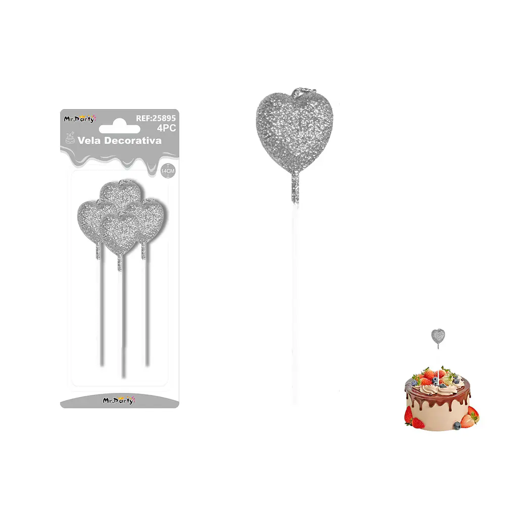 Velas largas con brillo forma corazón plateadas 14cm 4pcs