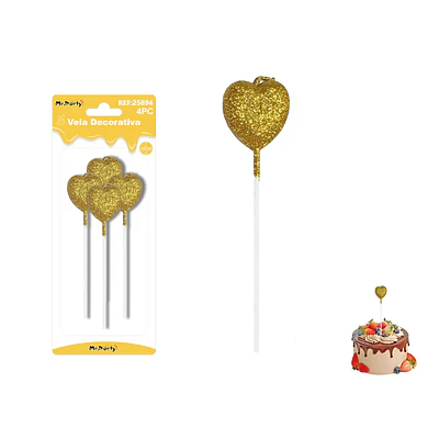 Velas largas con brillo forma corazón doradas 14cm 4pcs