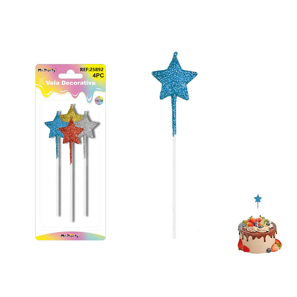 Velas largas con brillo forma estrella surtidas 14cm 4pcs