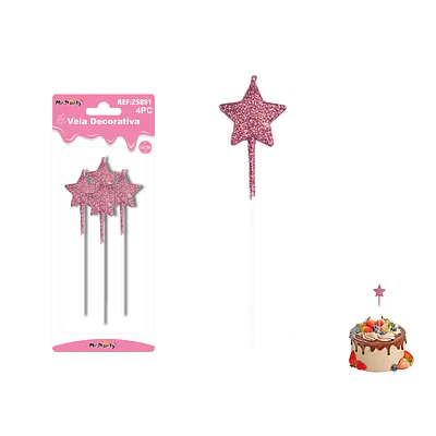 Velas largas con brillo forma estrella rosado claro 14cm 4pcs
