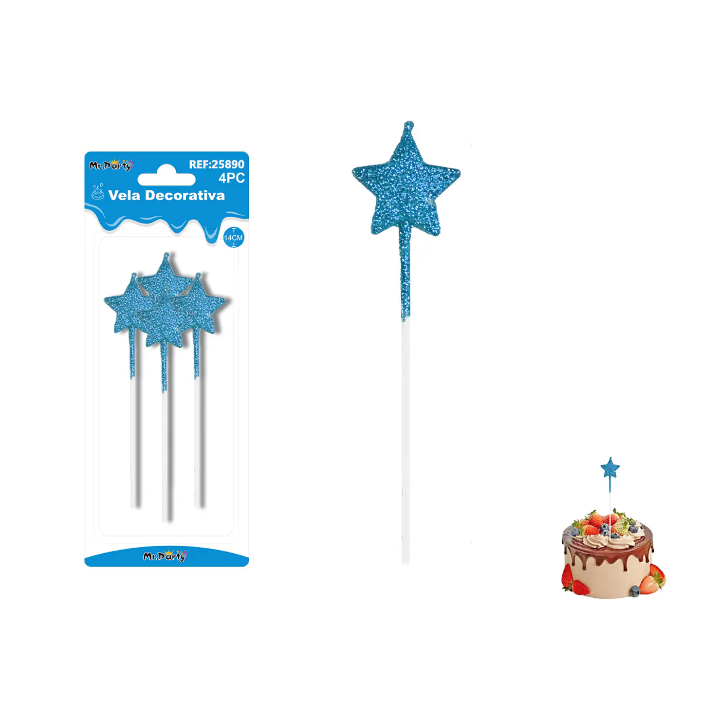 Velas largas con brillo forma estrella azul rey 14cm 4pcs 1