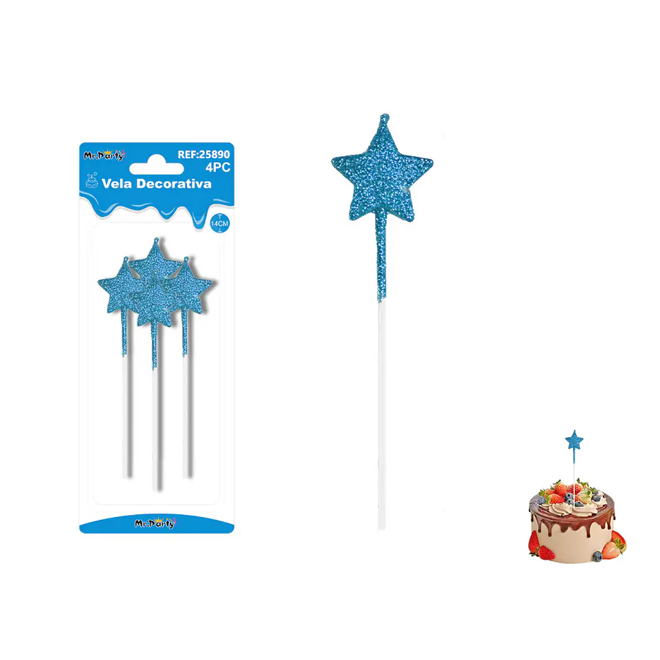 Velas largas con brillo forma estrella azul rey 14cm 4pcs 1