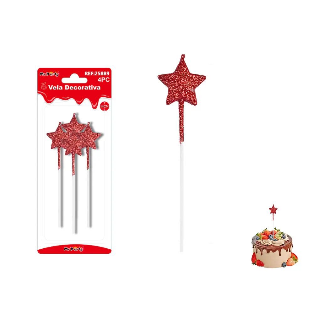 Velas largas con brillo forma estrella rojo intenso 14cm 4pcs