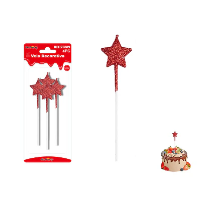 Velas largas con brillo forma estrella rojo intenso 14cm 4pcs