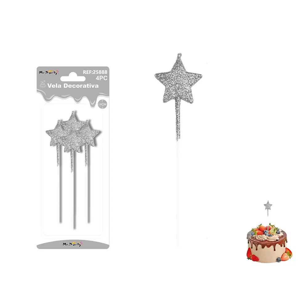 Velas largas con brillo forma estrella plateadas 14cm 4pcs