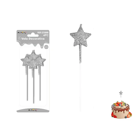 Velas largas con brillo forma estrella plateadas 14cm 4pcs