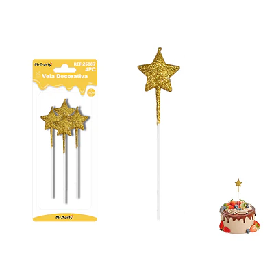 Velas largas con brillo forma estrella doradas 14cm 4pcs
