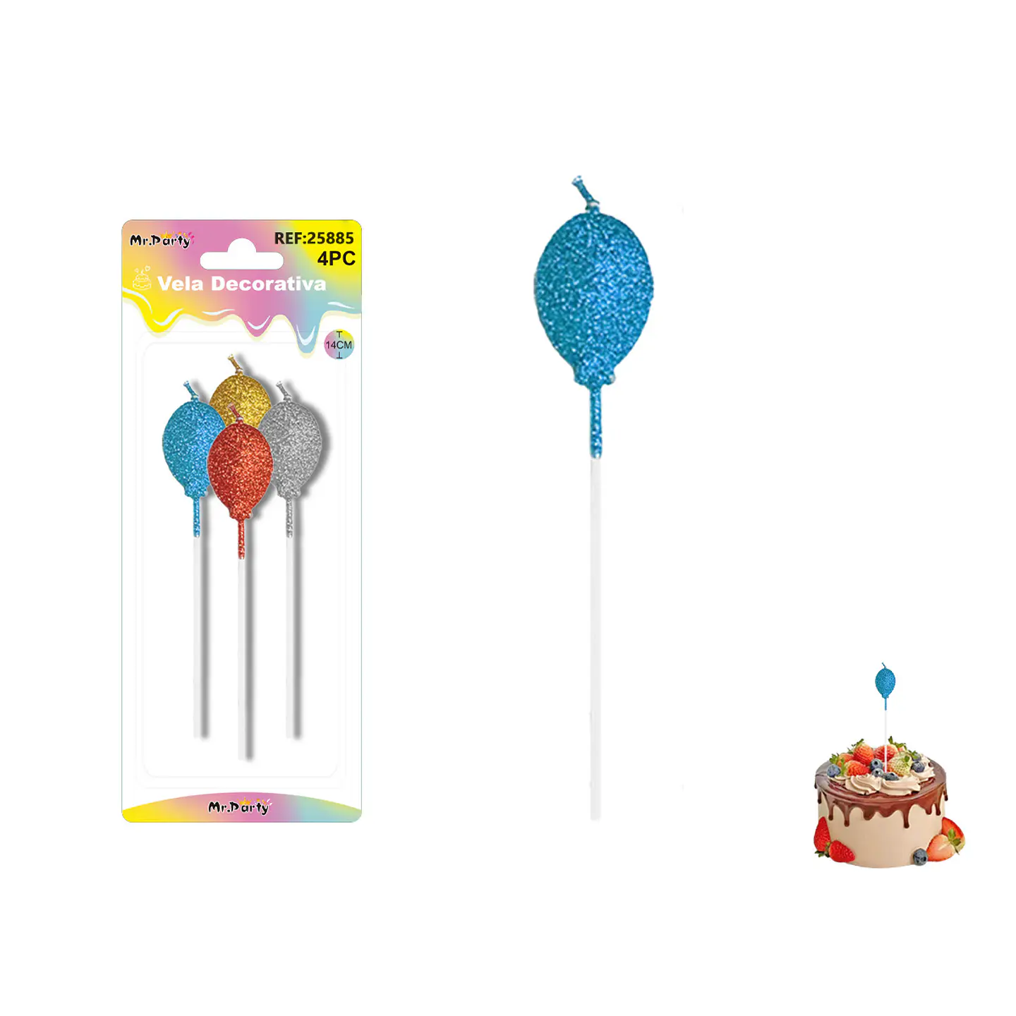 Velas largas con brillo forma globo surtidas 14cm 4pcs 1