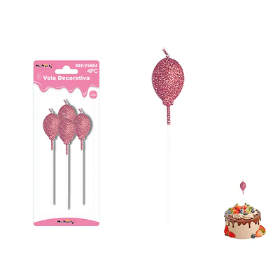 Velas largas con brillo forma globo rosado claro 14cm 4pcs