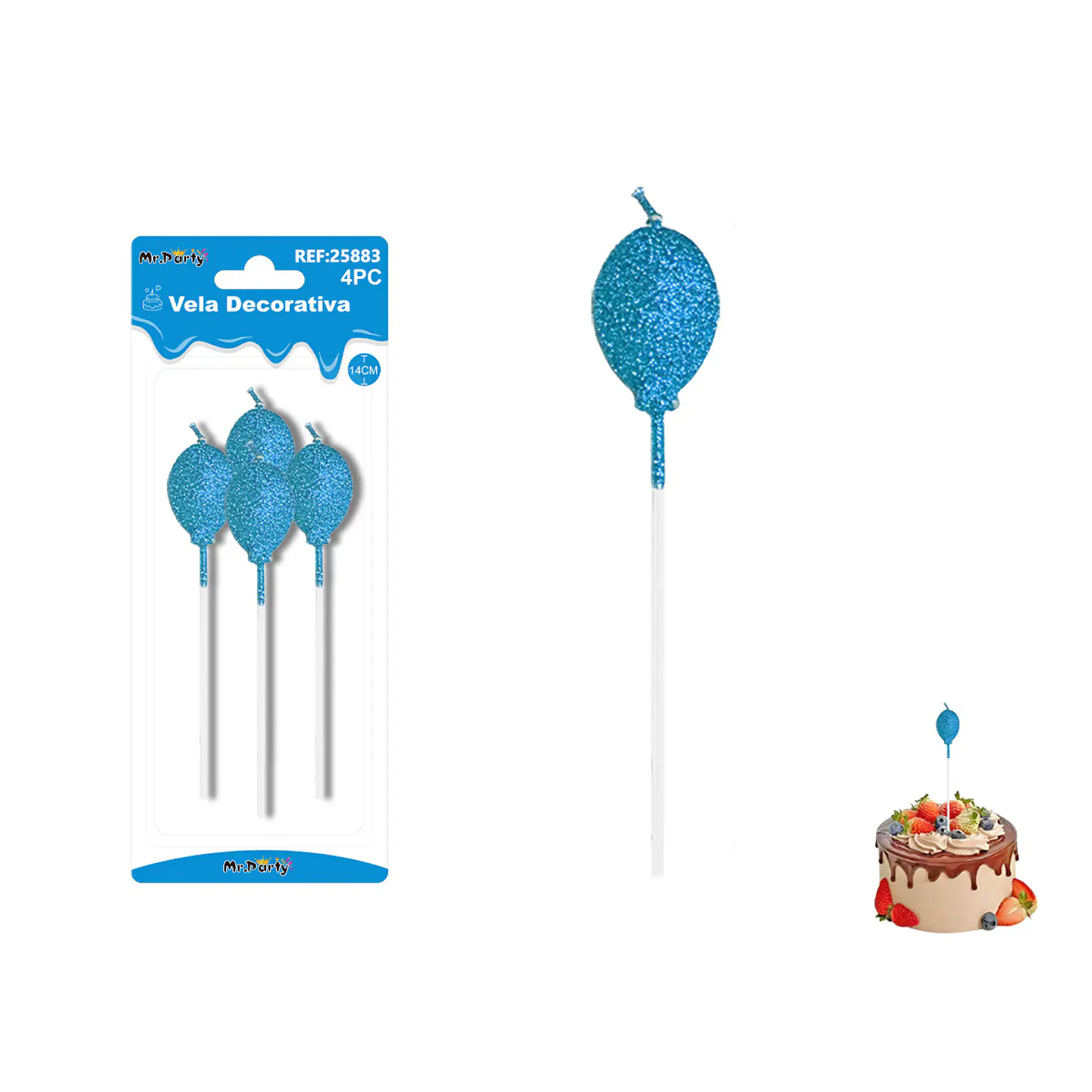 Velas largas con brillo forma globo azul rey 14cm 4pcs 1
