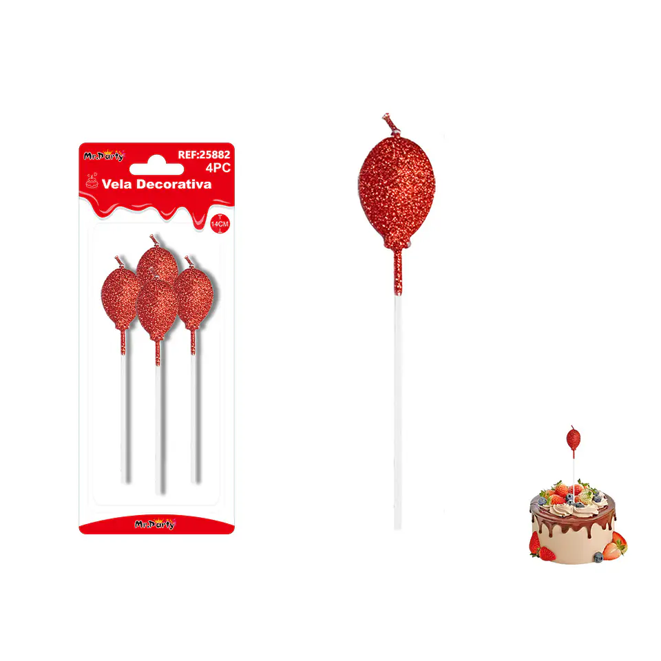 Velas largas con brillo forma globo rojo intenso 14cm 4pcs 1