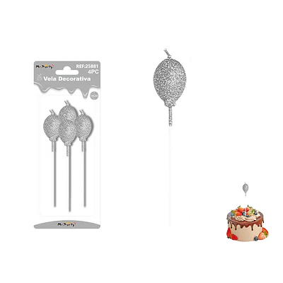 Velas largas con brillo forma globo plateadas 14cm 4pcs