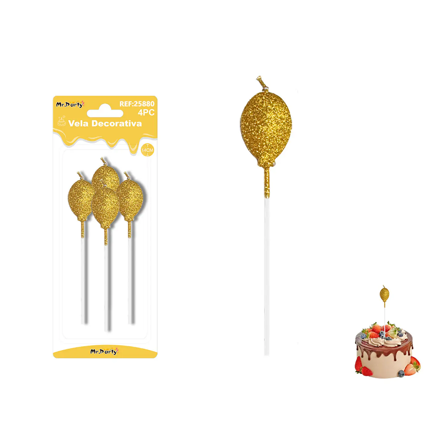 Velas largas con brillo forma globo doradas 14cm 4pcs 1