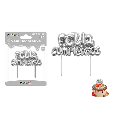 Vela Feliz Cumpleaños metálico plateado 8*3.5cm