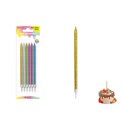 Velas largas con brillo surtidas 12.3cm 6pcs